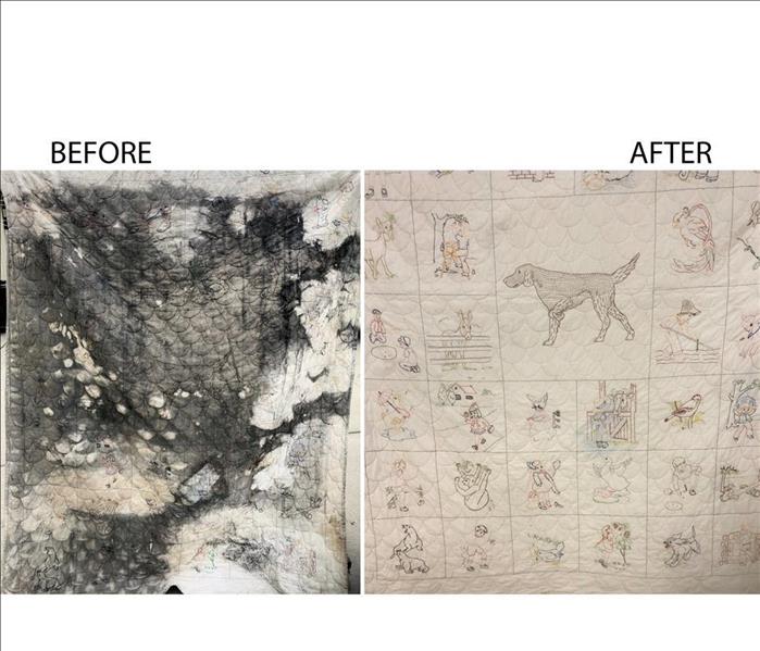 Before image shows a quilt covered in soot.  After image shows a clean quilt